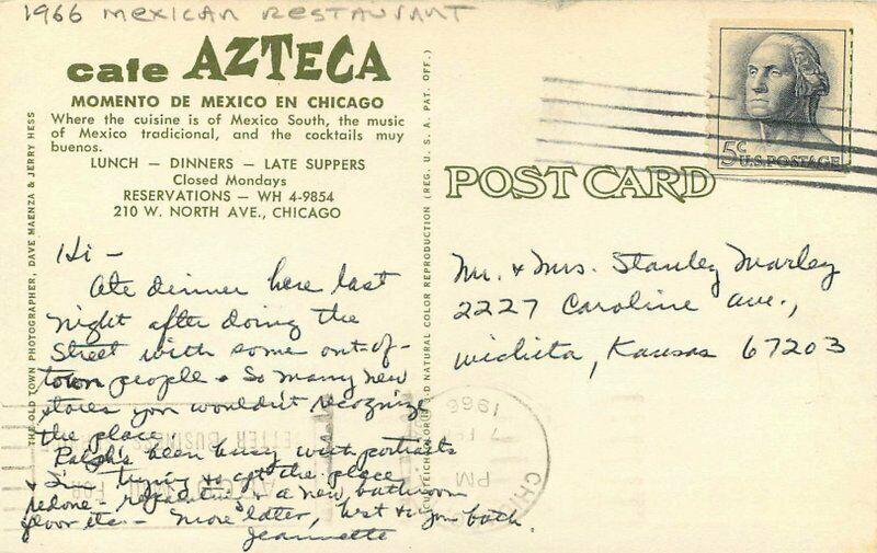 Cafe Azteca Mexican Restaurant Chicago Illinois 1966 Postcard Teich 5075