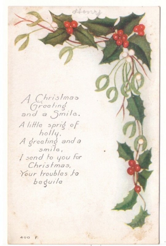 A Christmas Greeting And A Smile, Sprig Of Holly, Vintage Postcard