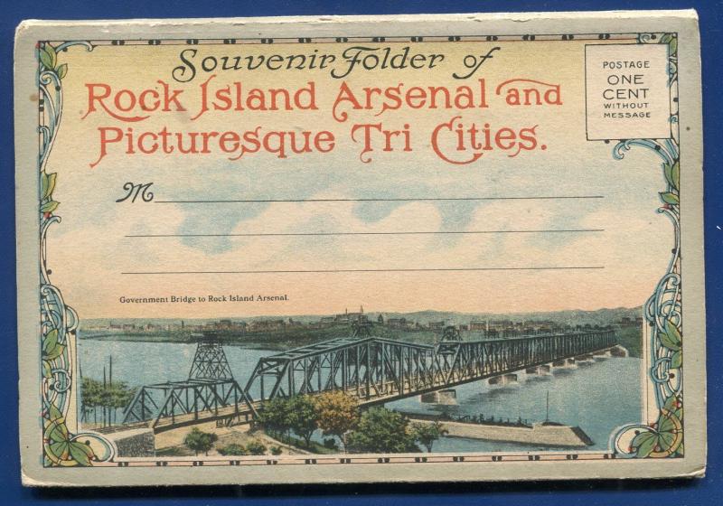 Rock Island Arsenal Tri Cities Davenport railroad depot postcard folder