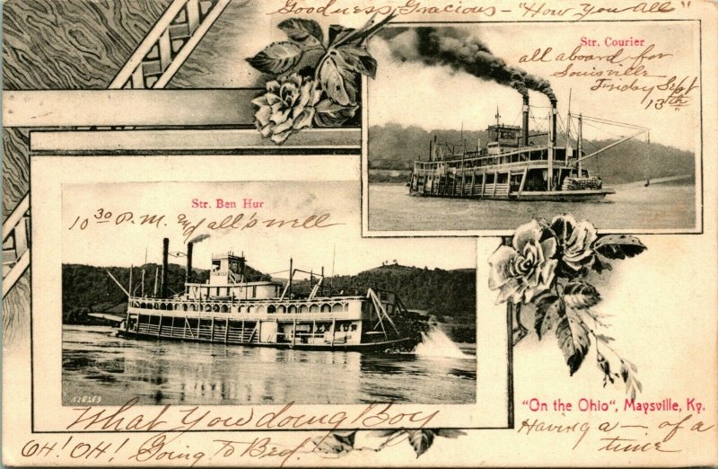 Vtg Postcard 1907 Maysville Kentucky KY Ohio River Steamer Ben Hur & Courier UNP