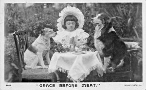 GRACE BEFORE MEAT-DOGS & YOUNG GIRL DINING-1905 ROTARY PHOTO POSTCARD