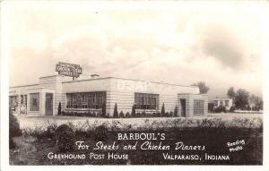 B85/ Valparaiso Indiana In RPPC Postcard Greyhound Post Barboul's Restaurant