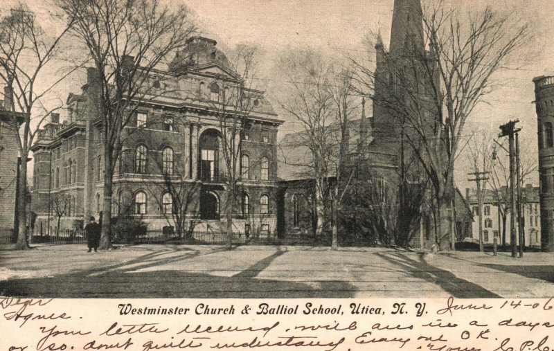 Vintage Postcard 1906 Westminster Church & Balliol School Utica New York N. Y.