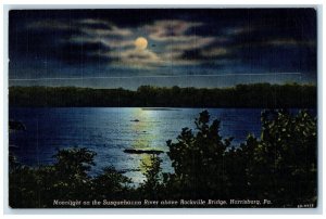 1947 Moonlight on Susquehanna River Rockville Bridge Harrisburg PA Postcard 