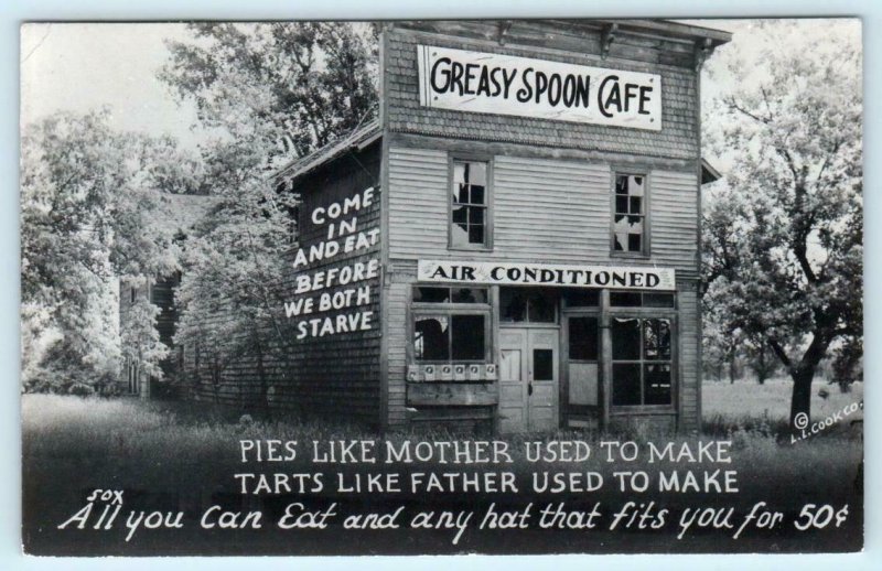 RPPC Mock Advertising GREASY SPOON CAFE Roadside 1947 L.L. Cook Comic Postcard