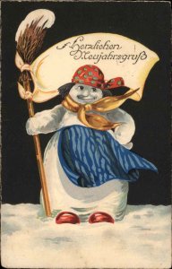 Christmas Cute Snowman Woman Apron & Kerchief c1920s Postcard