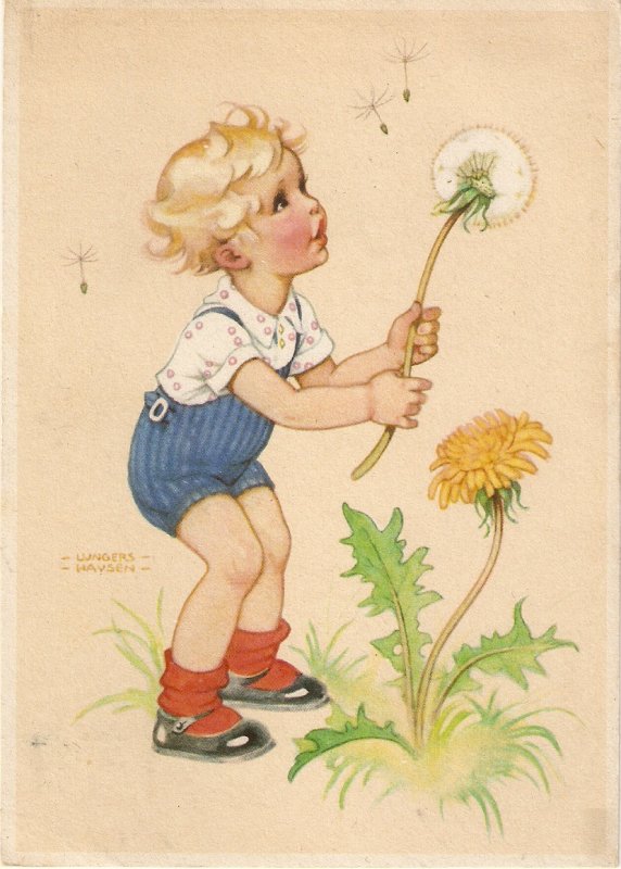 Jungers Hausen.  Little girl plying with flowerNice German PC. Continental s