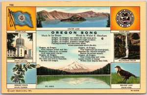 Oregon-OR State Flag, Bird, Flower. Capitol, Carter Lake, Song, Vintage Postcard