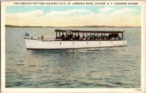 Spray VI, Excursion Boat on St Lawrence River Clayton NY Vintage Postcard T18 