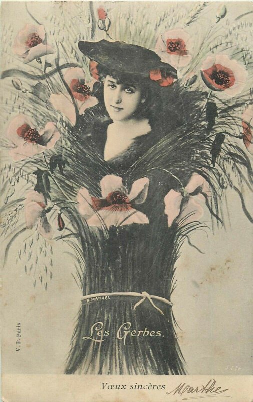 Surrealism floral photo montage H. Manuel Les Gerbes France 1904 lady fantasy 