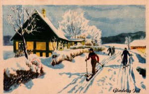 Happy New Year Denmark Snow Scene Vintage Postcard 09.88