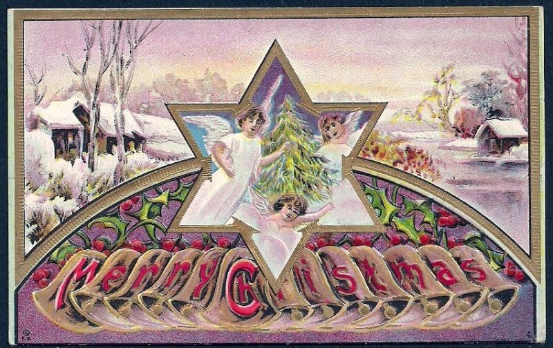 Merry Christmas Angels & Snow Scene used c1910