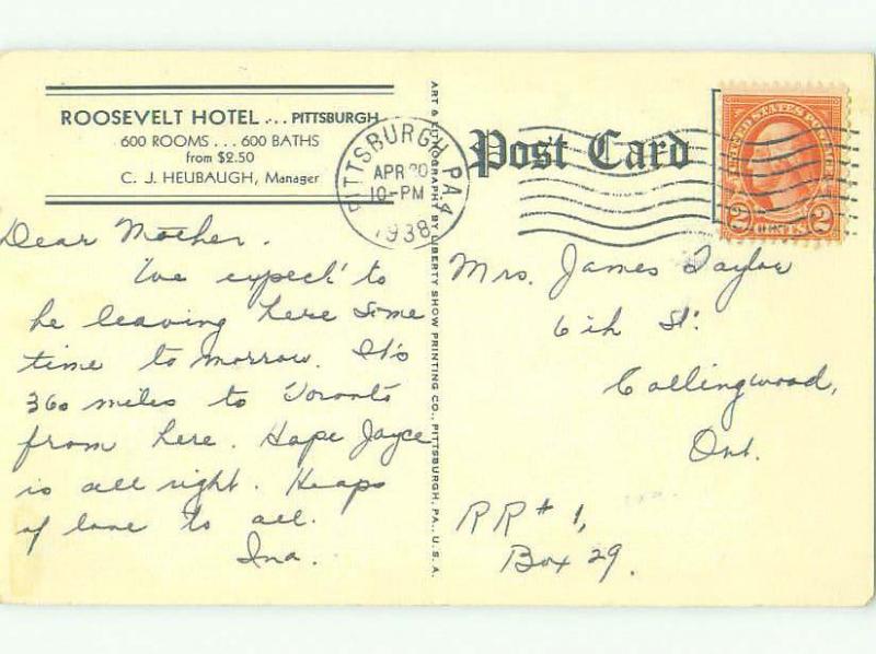 1930's ROOSEVELT HOTEL Pittsburgh Pennsylvania PA HQ5813