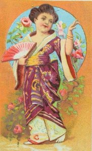 1870's-80's Mandarin Tea Co Coffees Lovely Geisha Girl Fan Rose A P78
