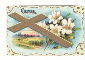 Cross, White Lilies, Rural Scene, Vintage 1911 Embossed Easter Postcard