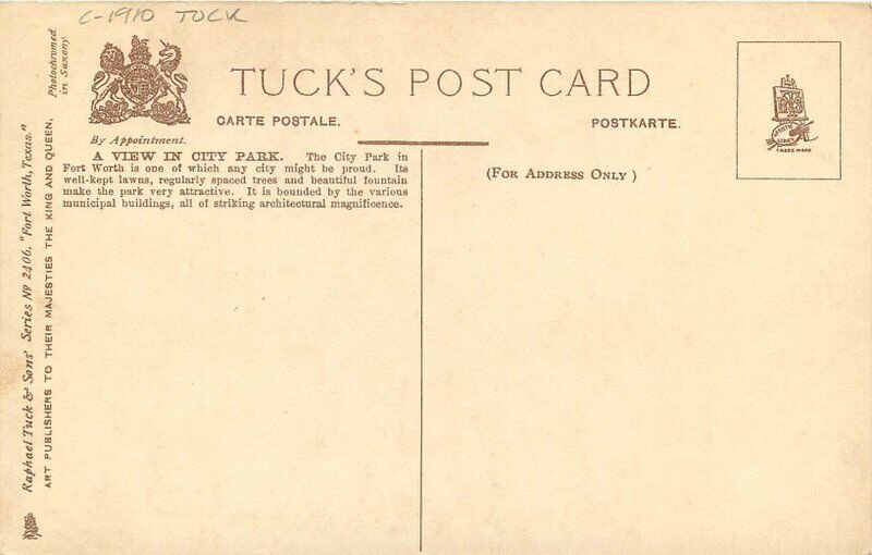 Texas Fort Worth View City Park Tuck #2406 Art Publishers Postcard 22-7526