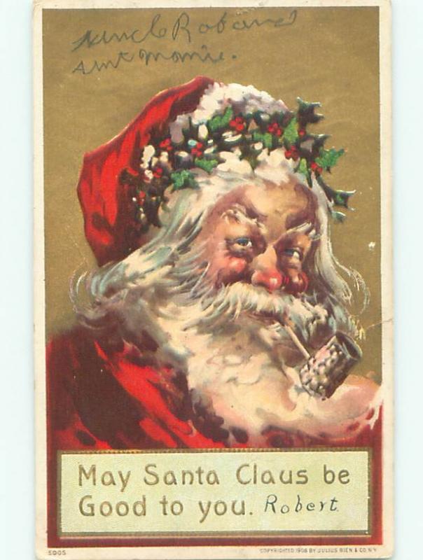 Pre-Linen christmas LARGE CLOSE-UP VIEW OF SANTA SMOKING PIPE W7117