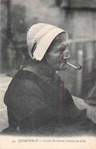 French Woman Smoking Pipe Quimperle France 1910c postcard