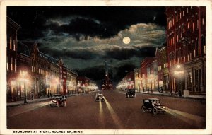Broadway at Night Full Moon Antique Cars headlights Rochester Minnesota Postcard
