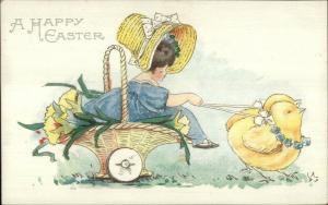 Easter - Little Girl Yellow Bonnet Hat Pulled Basket by Chicks c1910 Postcard