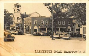 Hampton NH Lafayette Road Tobey's Drug Store Church Old Cars Real Photo Postcard