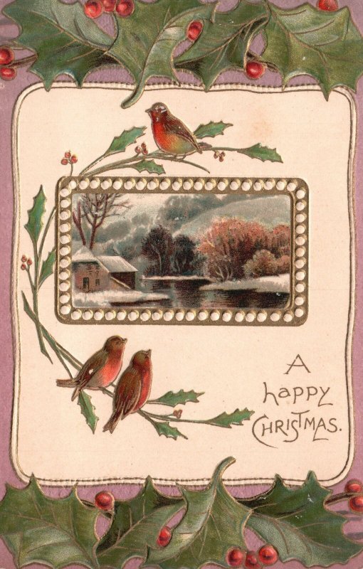 Vintage Postcard 1910's Happy Merry Christmas Greetings Card Birds Holly Berries 