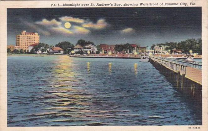 Florida Panama City Moonlight Over St Andrew's Bay Curteich