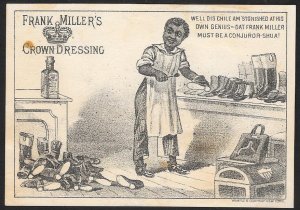 VICTORIAN TRADE CARD Millers Crown Shoe Dressing Black Man Polishing Shoes/Boots