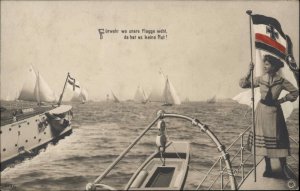 German Navy Patriotic Woman Flag Ships FURST BISMARCK Real Photo Postcard