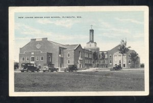 PLYMOUTH WISCONSIN NEW JUNIOR SENIOR HIGH SCHOOL OLD CARS VINTAGE POSTCARD