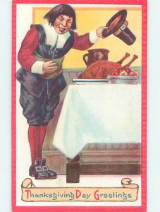 Pre-Linen thanksgiving PILGRIM TAKES OFF HAT AT THE DINNER TABLE HQ7731