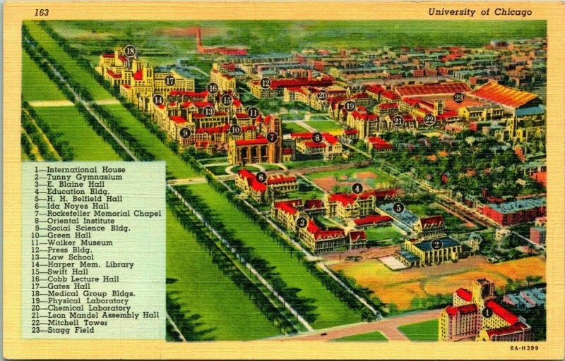 Vtg Linen Postcard Chicago Illinois IL University of chicago Aerial Map w Key