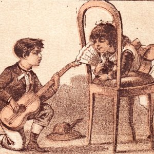 c1880s Cute Young Romance Trade Card Boy Plays Guitar Woo Girl Hand Fan Kids C51