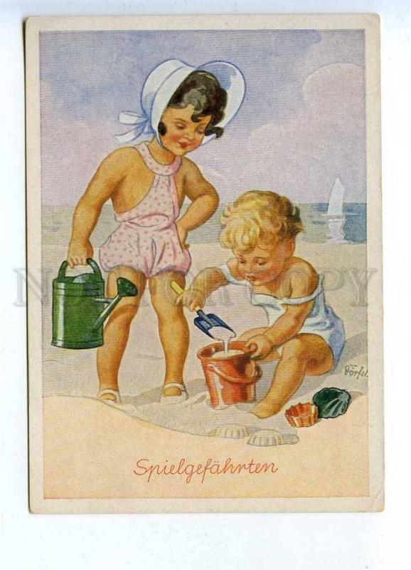 201821 GERMANY Kids on beach DORFEL vintage postcard