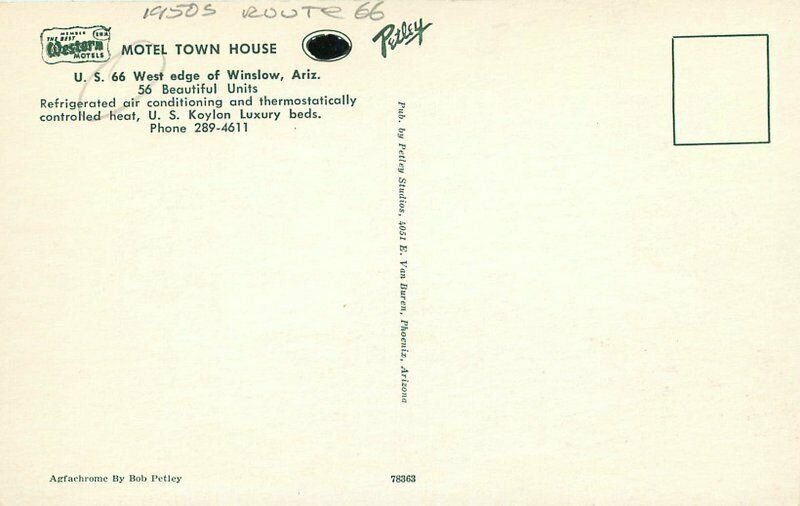 Autos Route 66 Winslow Arizona Petley Town House Motel Postcard 20-11089