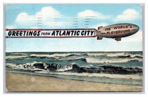 Blimp w Banner Greetings From Atlantic City  NJ New Jersey Linen Postcard V11