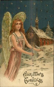 Christmas - Angel wLighting Candles - Church c1910 Gilt Postcard