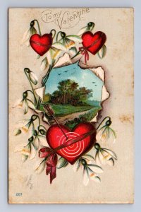 VALENTINE HOLIDAY IDYLIC COUNTRYSIDE SCENE HEART ARROW EMBOSSED POSTCARD 1911