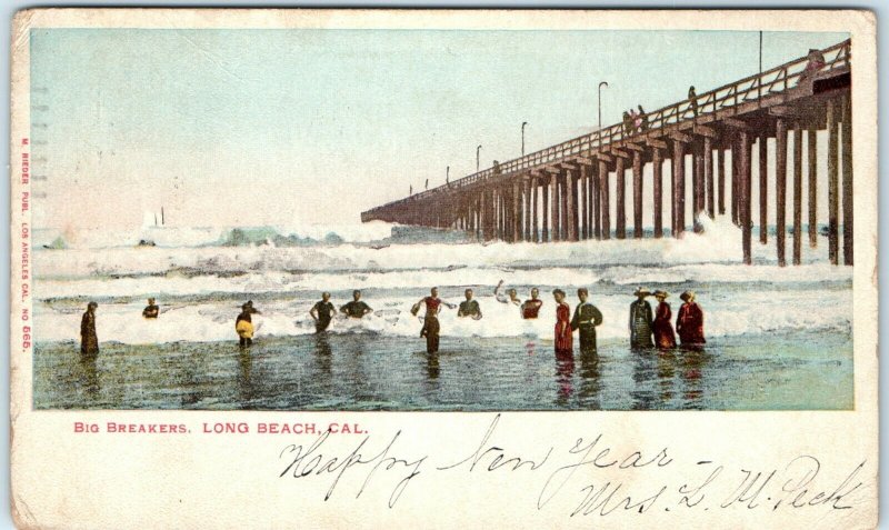 1904 Long Beach, Cali. Big Breakers Waves Pier Postcard Girl Swim in Dresses A37