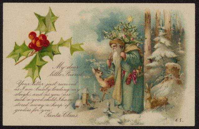 1907 Santa w/blue-green robe, tree, toys & deer at forest's edge color post card