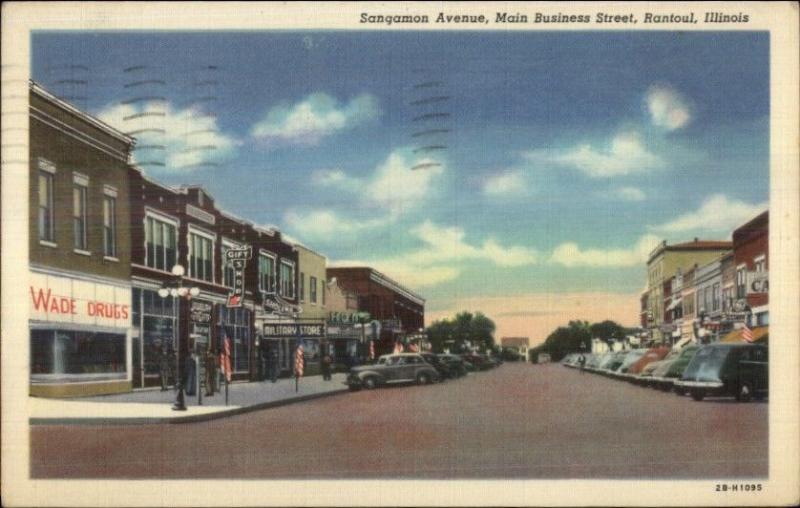 Rantoul IL Sangamon Ave Main St. Wade Drugs Linen Postcard