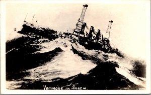 Real Photo Postcard Military Navy Ship Vermont at Sea in a Storm