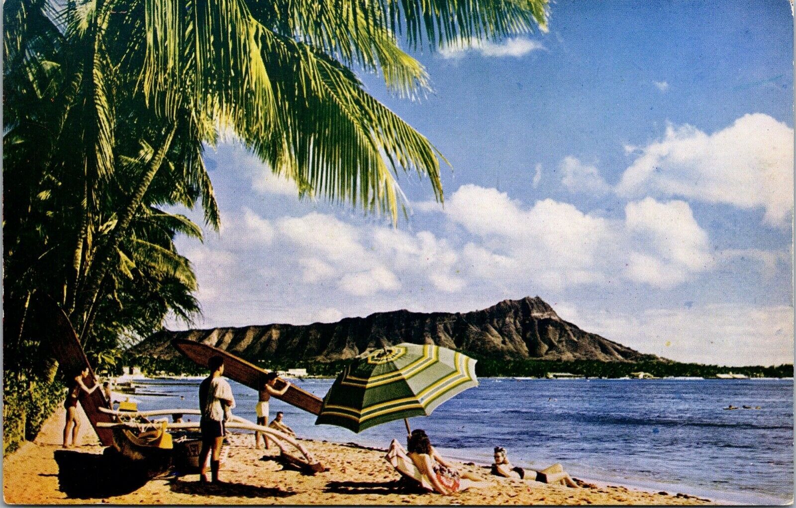 Waikiki Beach Hawaii Postcard Palm Trees Diamond Head Mike Roberts