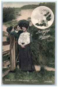 Language Of Flowers Postcard Couple Romance Fence White Rose c1910's Antique