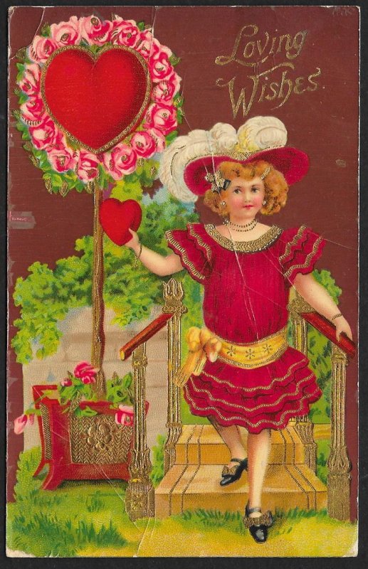 Valentine Loving Wishes Fancy Dressed Lady Hearts & Flowers Gel Coat Used c1911