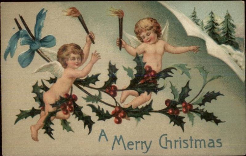 Christmas - Cherubs w/ Torches in Holly Branch c1910 Postcard