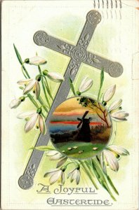 Vtg 1909 Easter Postcard Silver Embossed Cross Windmill Snowdrops Tucks Postcard