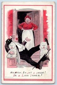 Comic Humor Postcard Drunk Man Angry Wife I'm Not A Souse I'm A Lion Tamer c1910