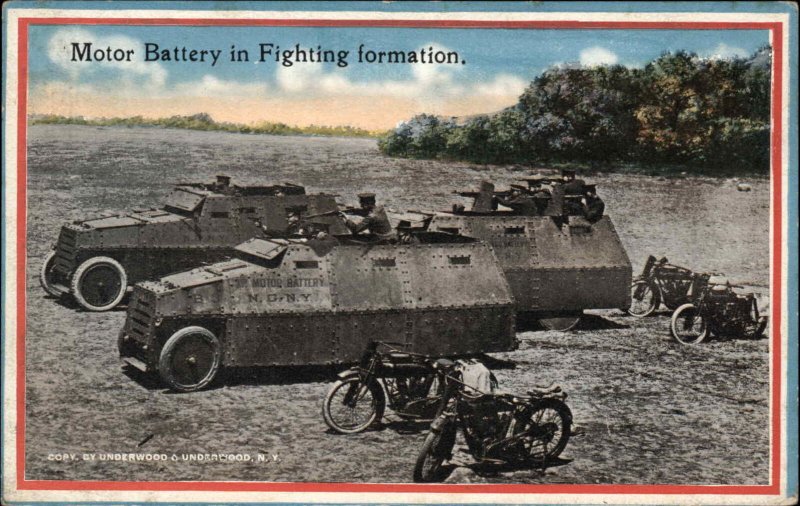 WWI US Army Artillery Tanks Motorcycles Harley? c1915 Postcard