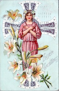 Postcard Easter Greetings - woman arms folded on cross